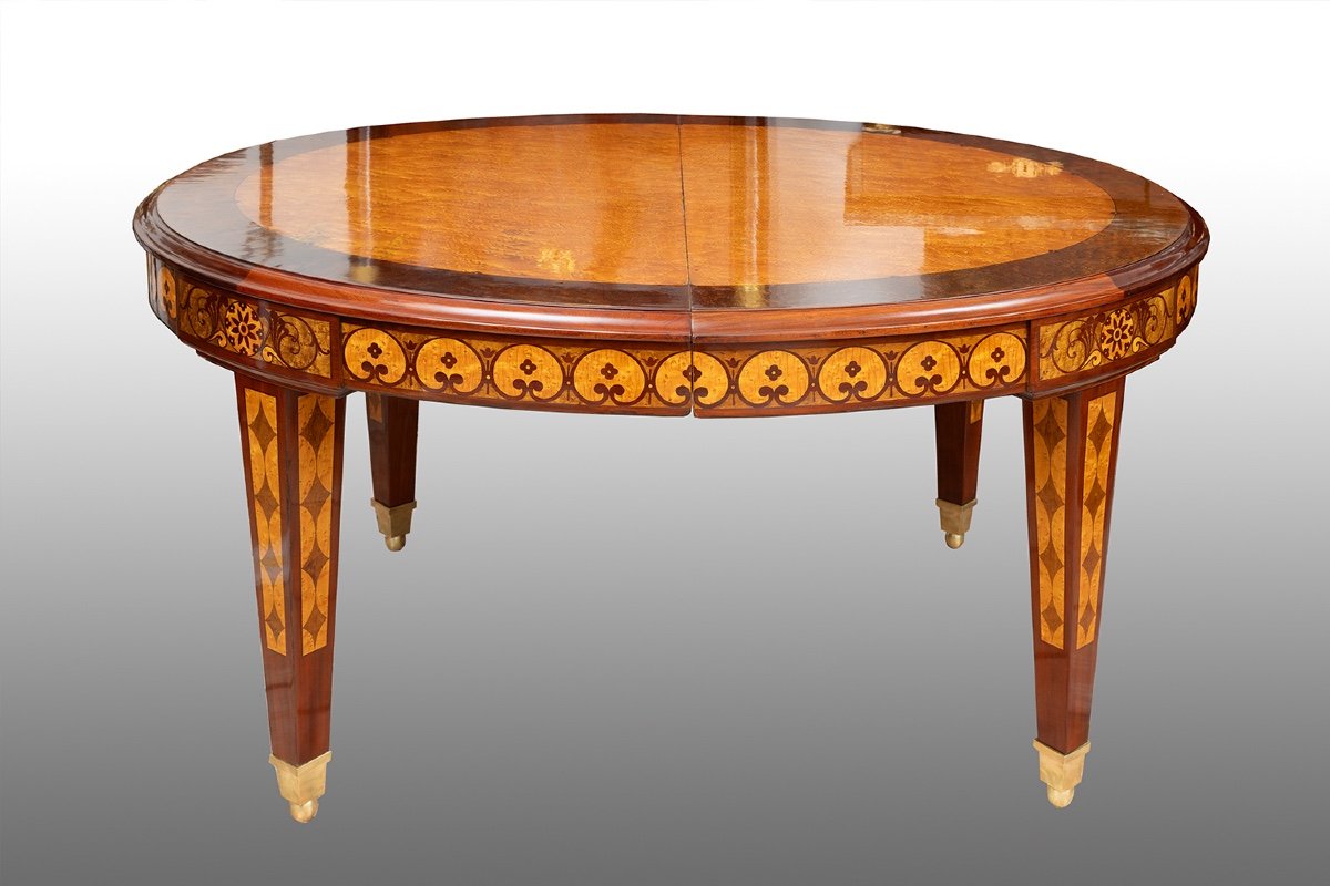 Tavolo antico + otto sedie Napoleone III Francese in legni policromi. Periodo XIX secolo.
