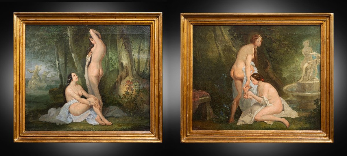 Coppia di dipinti antichi olio su tela con cornice coeva appartenente agli inizi del XIX secolo