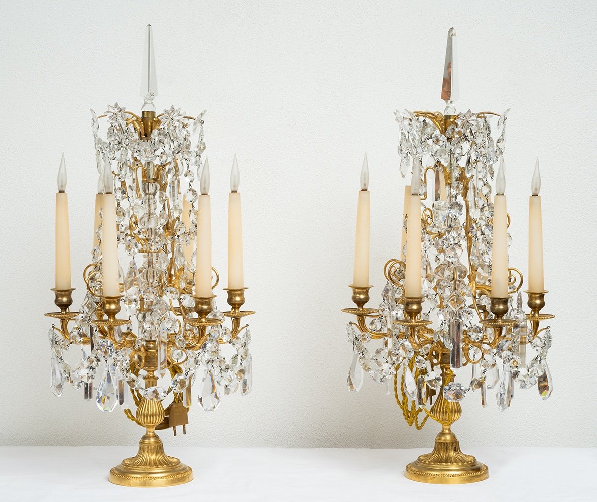 Coppia di Girandole/Candelabri antichi Napoleone III Francese in bronzo dorato e cristallo.