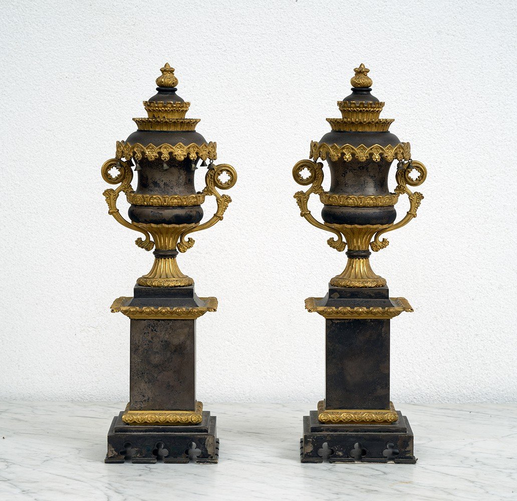 Coppia di cassolette antiche Carlo X Francese in bronzo dorato 19secolo-photo-4