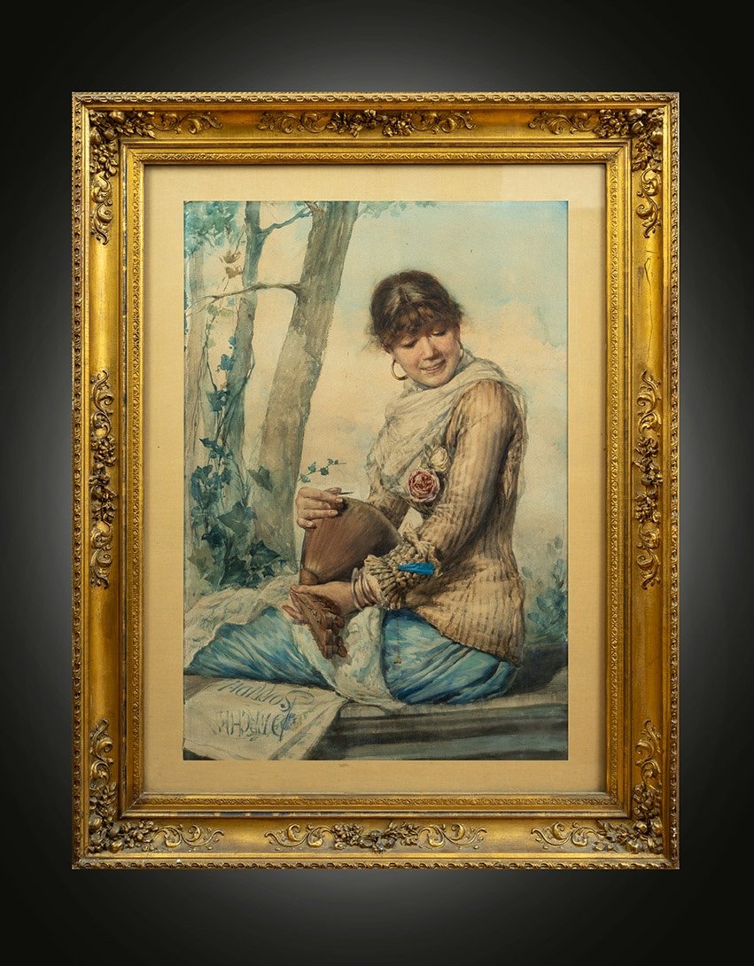  Acquerello antico di scuola napoletana raffigurante donna col mandolino.