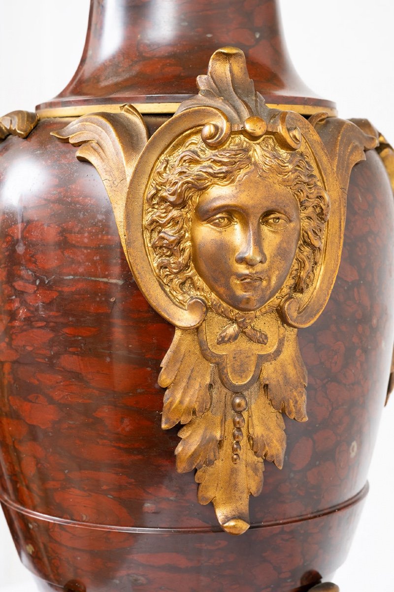 Vaso/Lampada antico Napoleone III Francese in marmo rosso 19secolo-photo-3