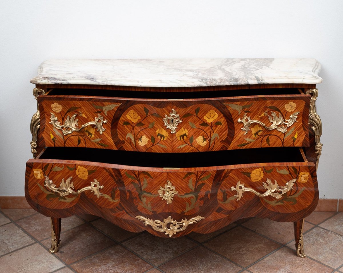 Cassettone antico Napoleone III Francese in legno esotico pregiato con piano in marmo.-photo-3