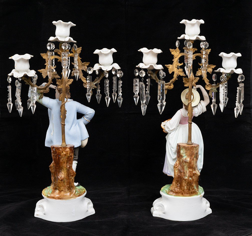 Coppia di candelabri/Abat Jour in biscuit e bronzo dorato manifattura Capodimonte 20secolo.-photo-4