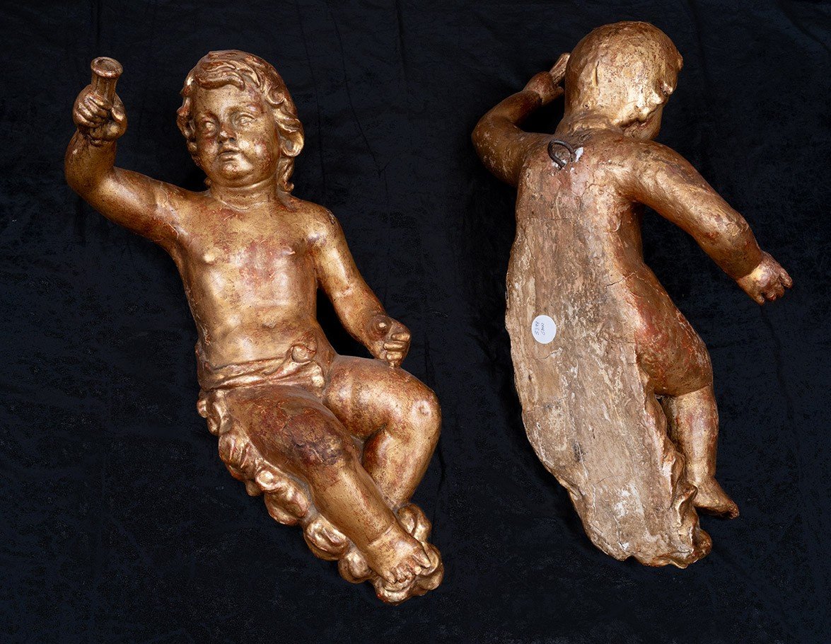 Coppia di putti antichi in legno dorato realizzati a tronco unico 17secolo-photo-4