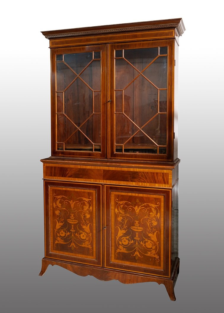 Credenza con alzata antica in piuma di mogano 19secolo