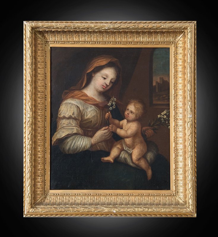 Tableau Ancienne Représentant La Vierge à l'Enfant. Lombardie XVIII Siècle 