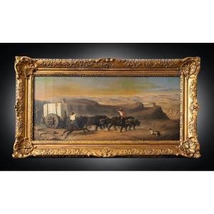 Dipinto antico olio su tela con cornice in legno dorato e intagliato raffigurate scena rurale. 