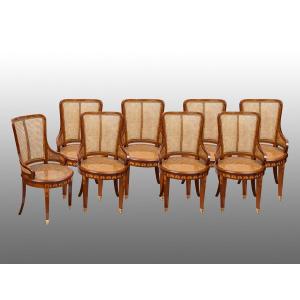Gruppo di otto sedie in legno policromo Napoleone III Francese. Periodo XIX secolo.