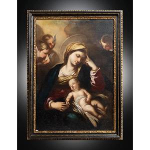 Dipinto antico olio su tela raffigurante Madonna col Bambino 18secolo