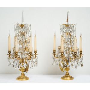 Coppia di Girandole/Candelabri antichi Napoleone III Francese in bronzo dorato e cristallo.