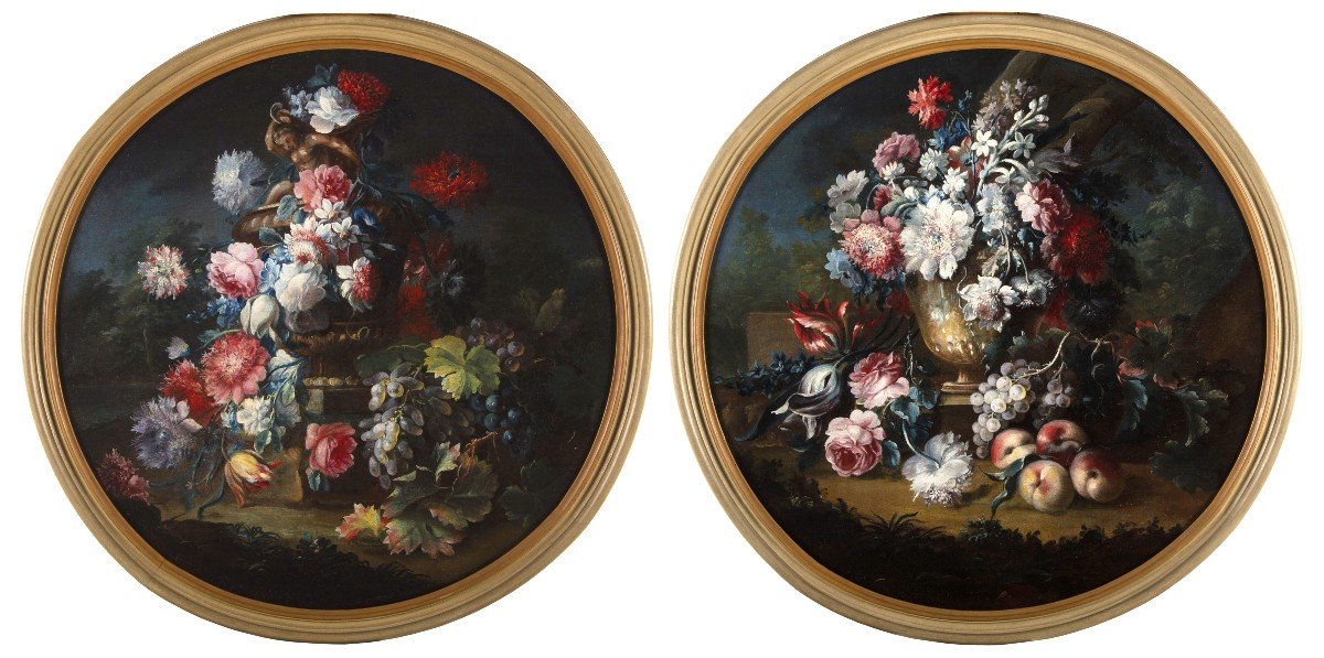 Michele Antonio Rapos, Coppia di Natura morta con trionfo di fiori e frutta, XVIII secolo-photo-2