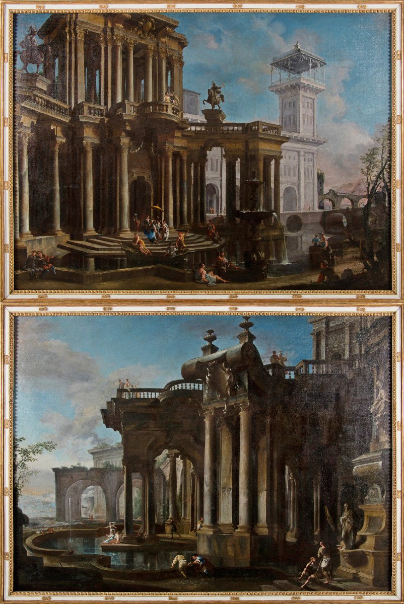 Coppia di dipinti raffiguranti Capricci Architettonici, Francesco Aviani-photo-2