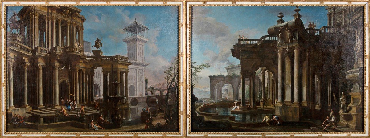Coppia di dipinti raffiguranti Capricci Architettonici, Francesco Aviani