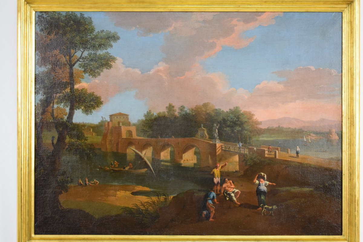 Pittore di scuola romana seguace di Paolo Anesi, Paesaggio romano con il ponte Milvio e figure, olio su tela-photo-2