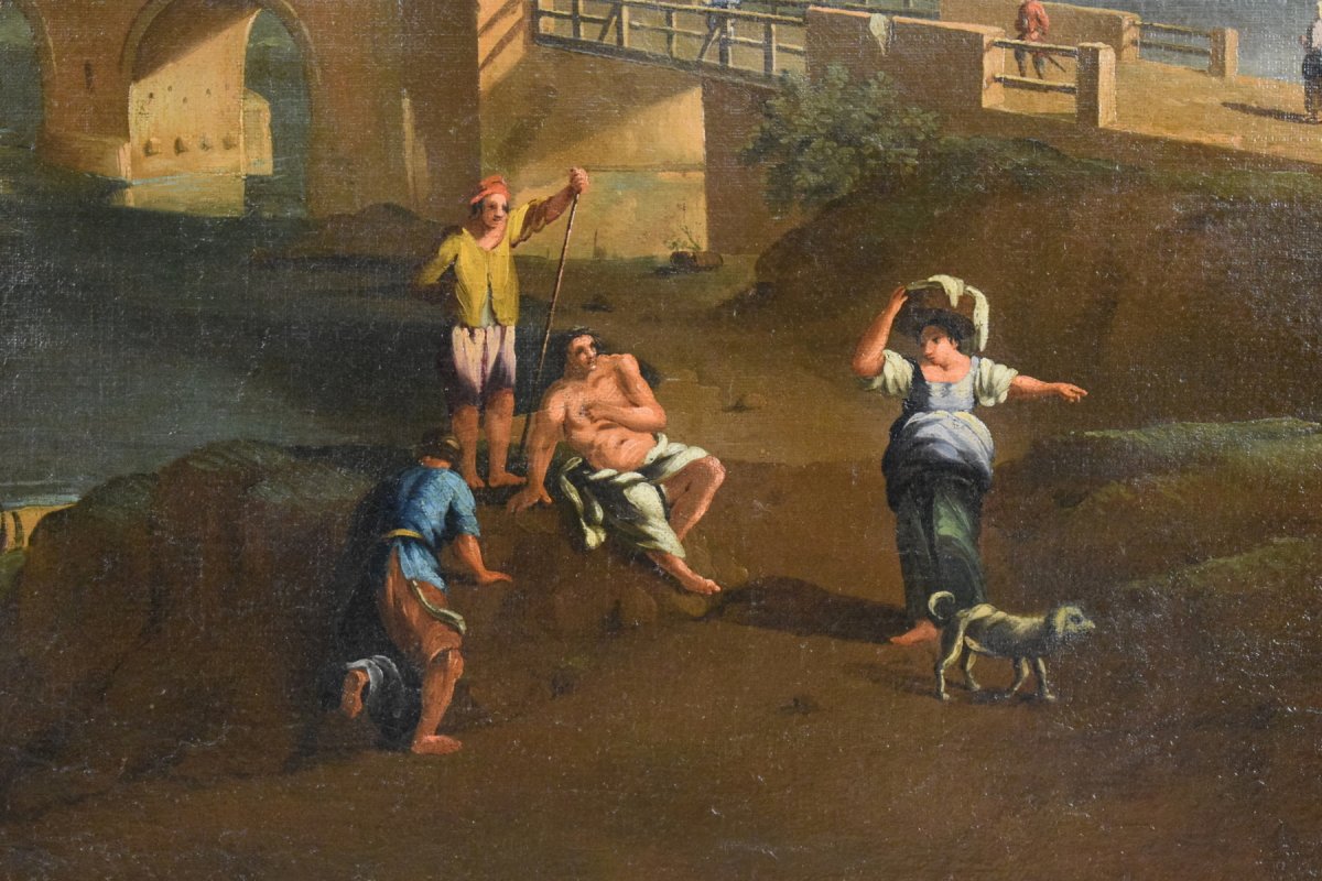 Pittore di scuola romana seguace di Paolo Anesi, Paesaggio romano con il ponte Milvio e figure, olio su tela-photo-3