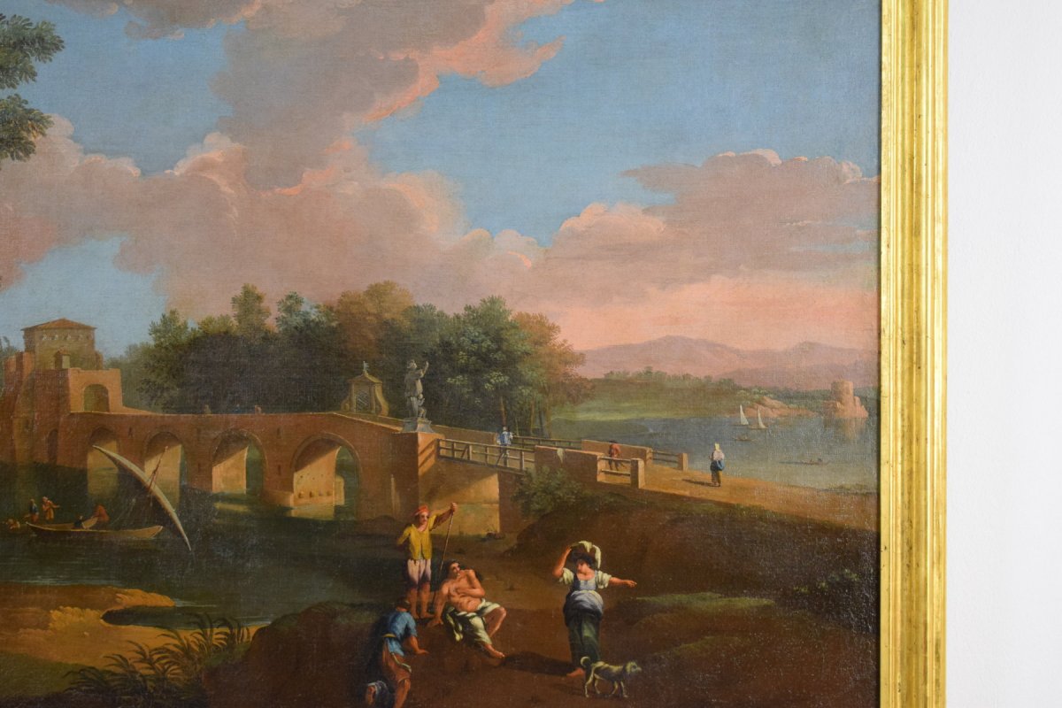 Pittore di scuola romana seguace di Paolo Anesi, Paesaggio romano con il ponte Milvio e figure, olio su tela-photo-4