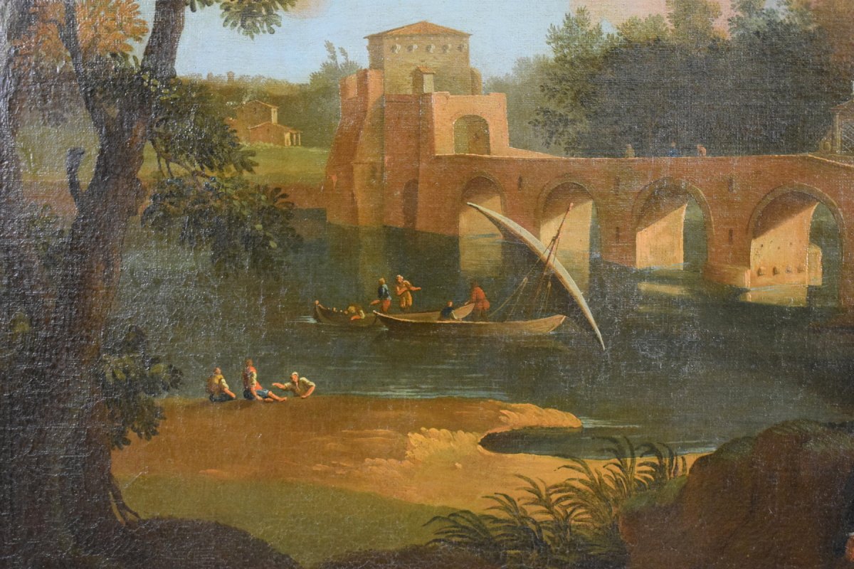 Pittore di scuola romana seguace di Paolo Anesi, Paesaggio romano con il ponte Milvio e figure, olio su tela-photo-1