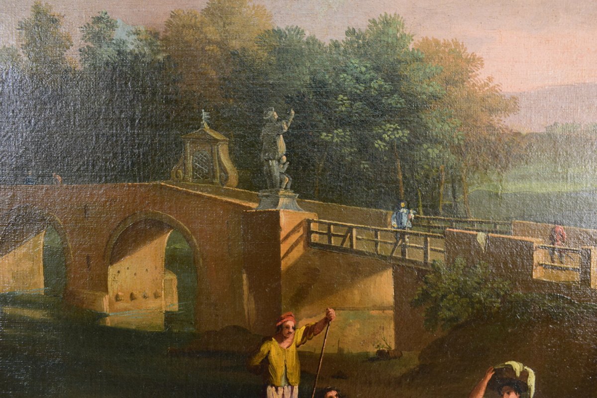 Pittore di scuola romana seguace di Paolo Anesi, Paesaggio romano con il ponte Milvio e figure, olio su tela-photo-2