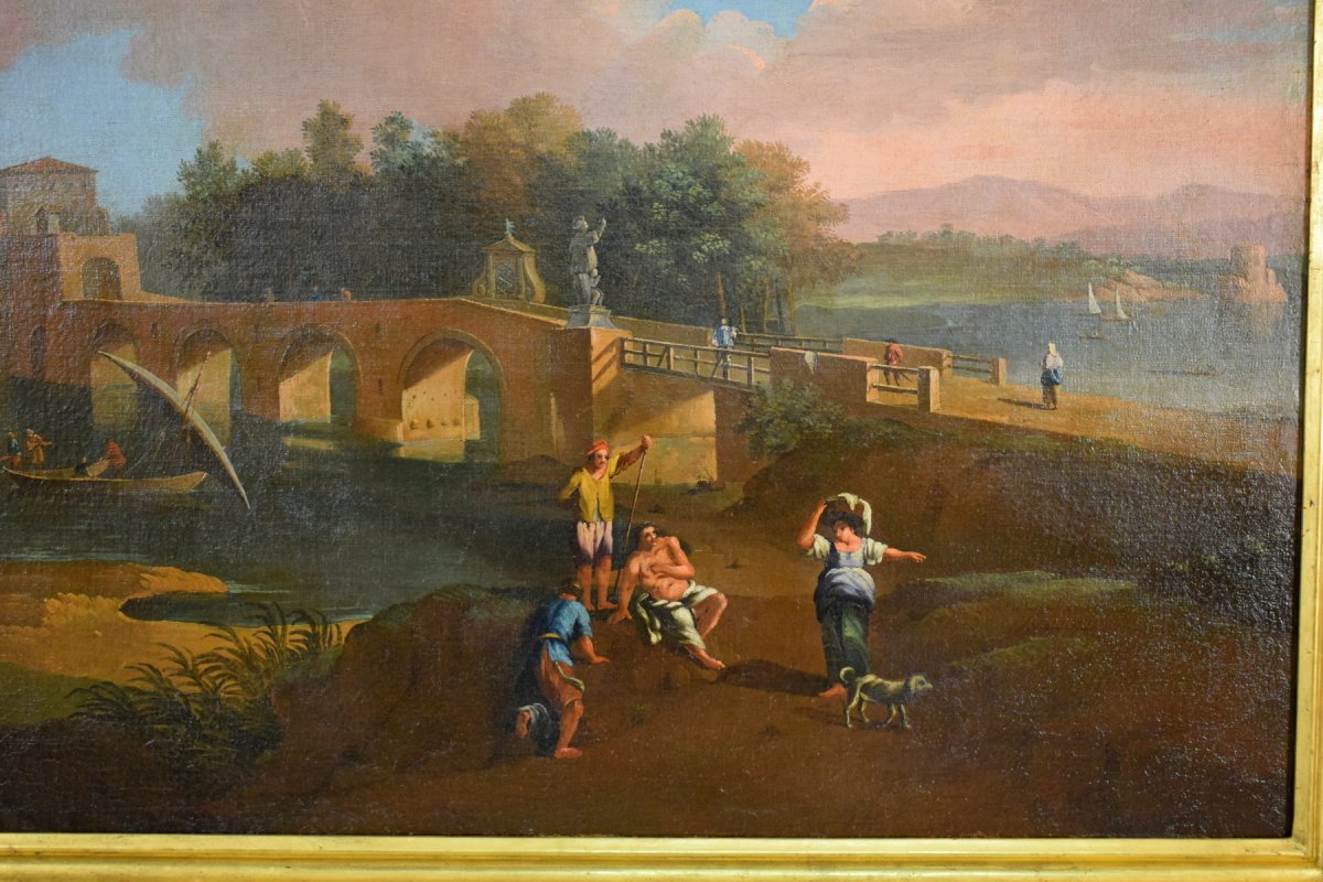 Pittore di scuola romana seguace di Paolo Anesi, Paesaggio romano con il ponte Milvio e figure, olio su tela-photo-3