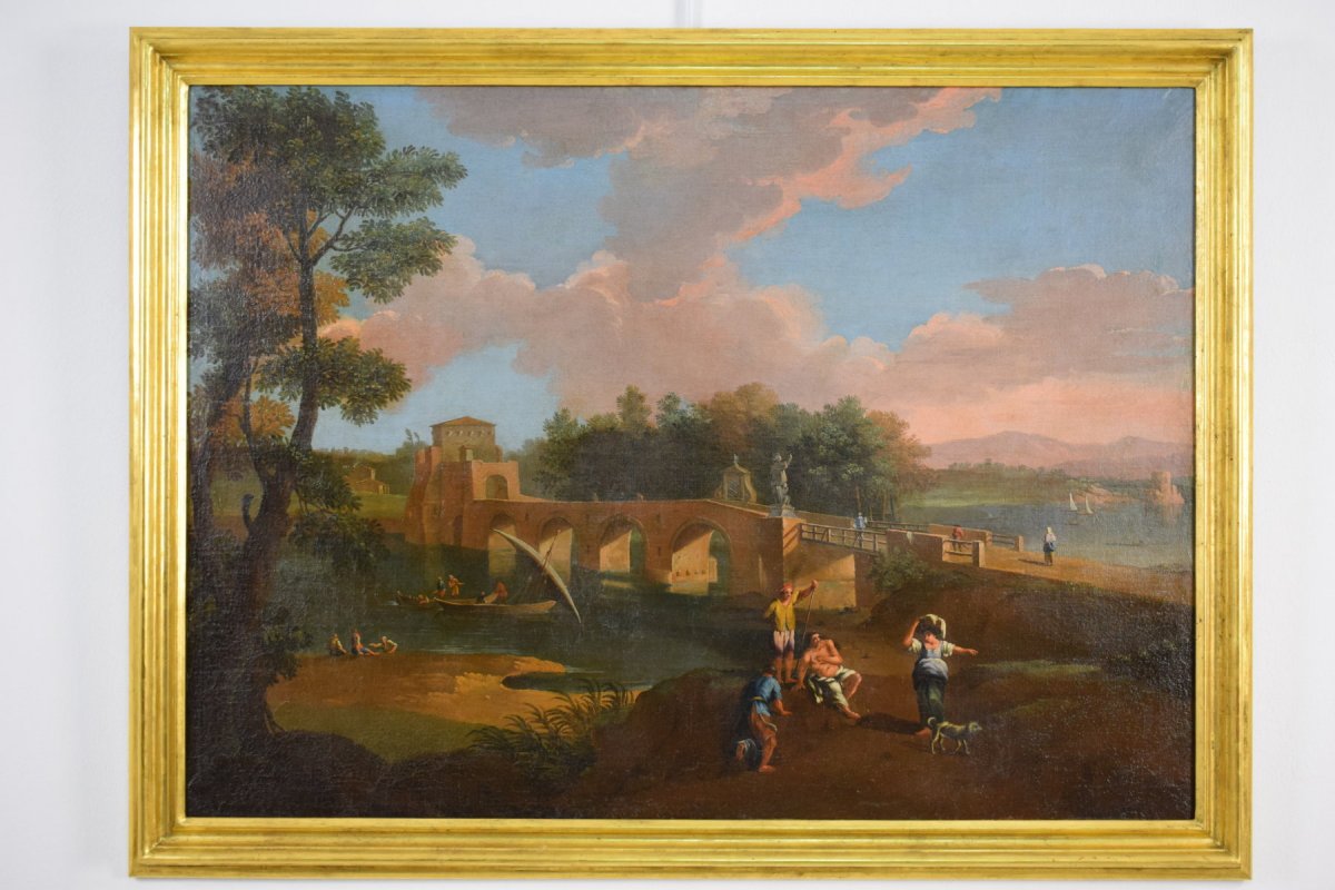 Pittore di scuola romana seguace di Paolo Anesi, Paesaggio romano con il ponte Milvio e figure, olio su tela-photo-5