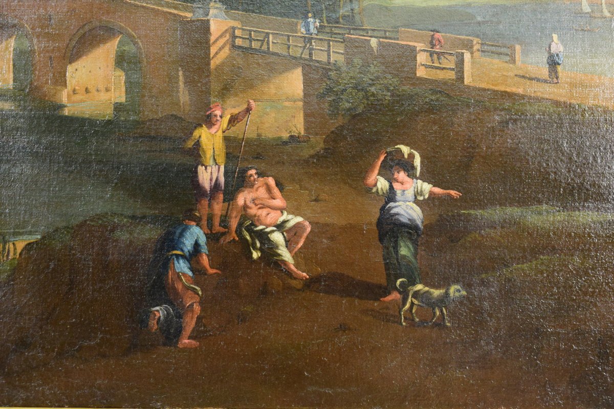 Pittore di scuola romana seguace di Paolo Anesi, Paesaggio romano con il ponte Milvio e figure, olio su tela-photo-6