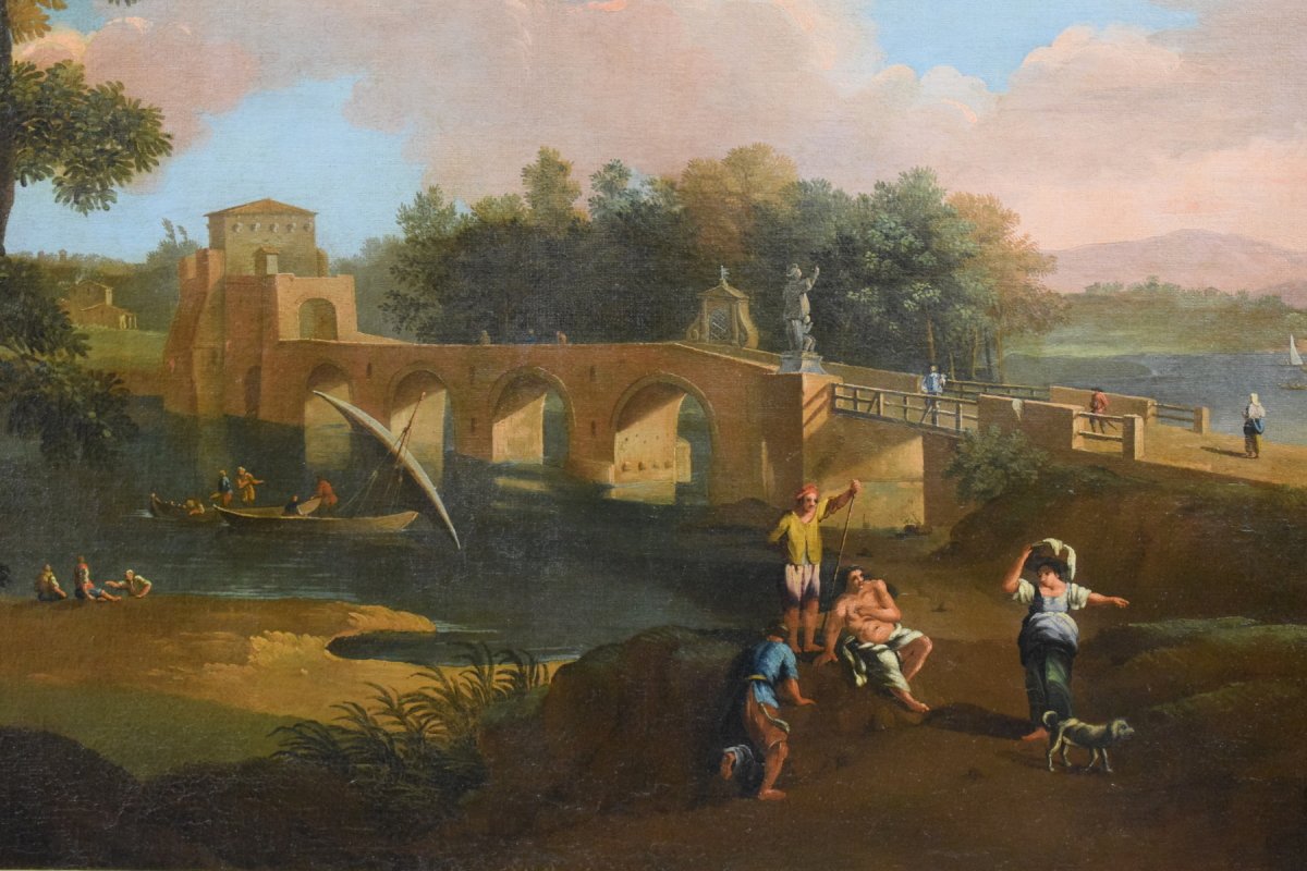 Pittore di scuola romana seguace di Paolo Anesi, Paesaggio romano con il ponte Milvio e figure, olio su tela-photo-7
