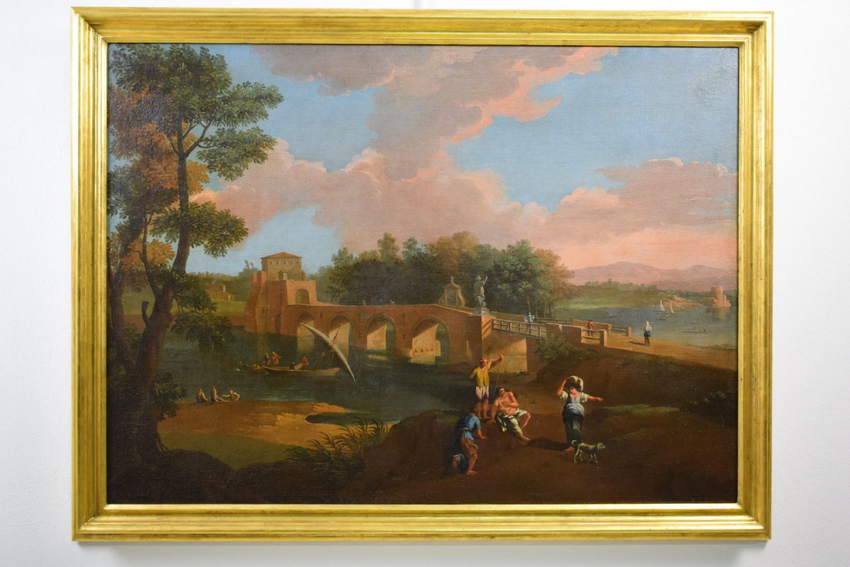 Pittore di scuola romana seguace di Paolo Anesi, Paesaggio romano con il ponte Milvio e figure, olio su tela-photo-8