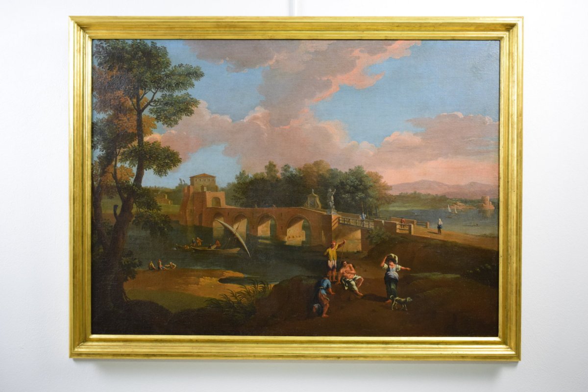 Pittore di scuola romana seguace di Paolo Anesi, Paesaggio romano con il ponte Milvio e figure, olio su tela