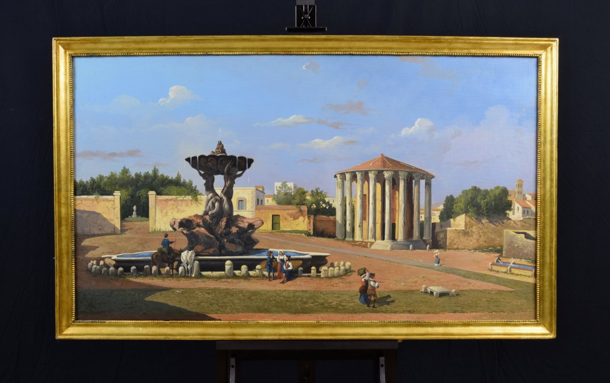 Vue Du Forum Boario Avec Le Temple De Vesta, Huile Sur Toile, XIXe Siècle