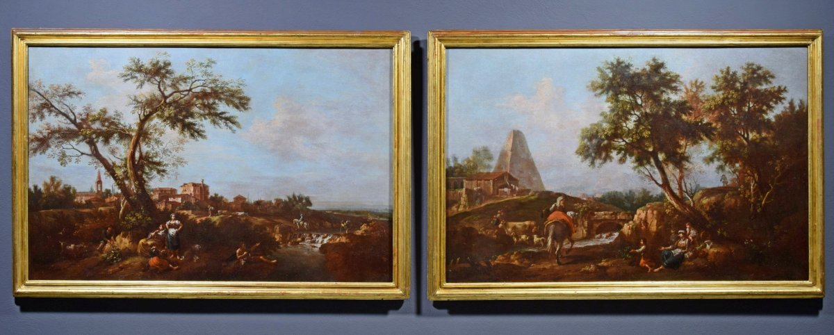 Giuseppe Zais, coppia di paesaggi arcadici, olio su tela-photo-2