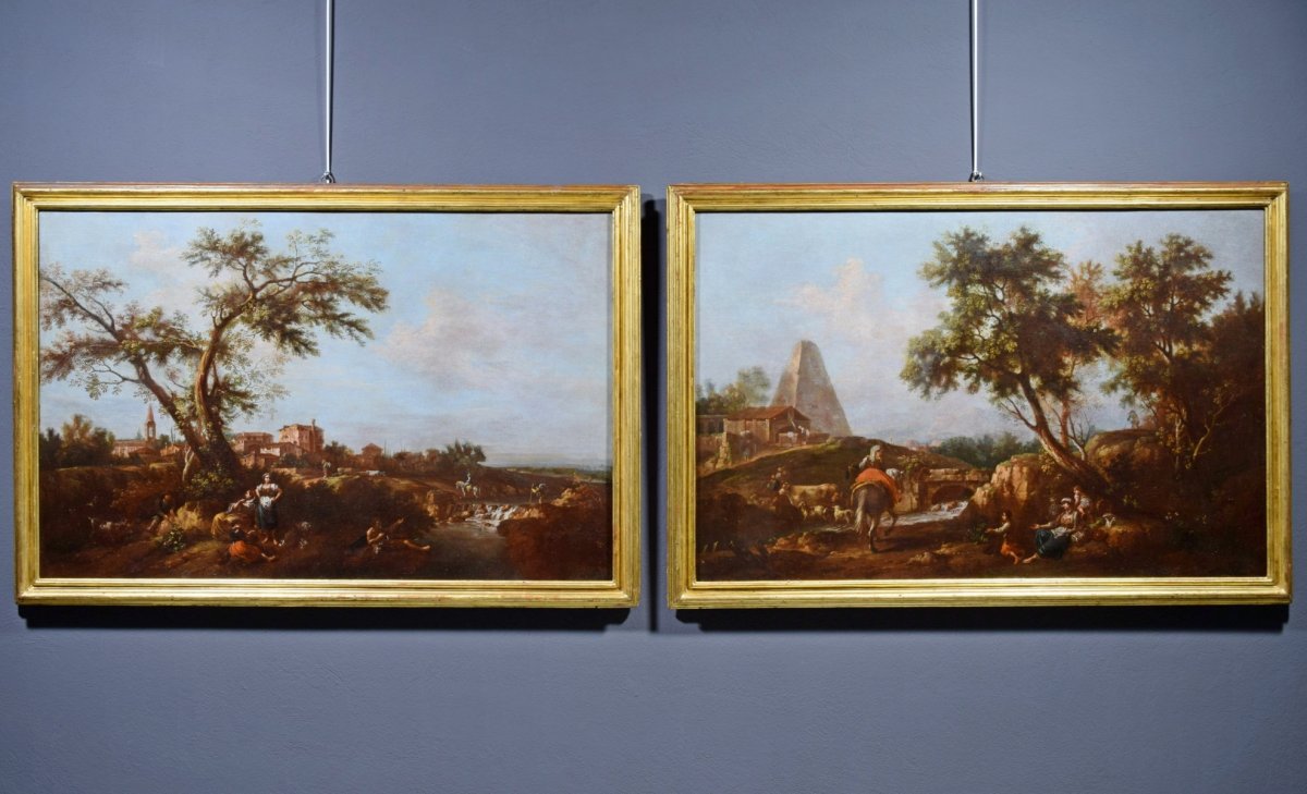 Giuseppe Zais, coppia di paesaggi arcadici, olio su tela-photo-3