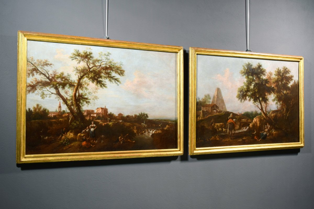 Giuseppe Zais, coppia di paesaggi arcadici, olio su tela-photo-4