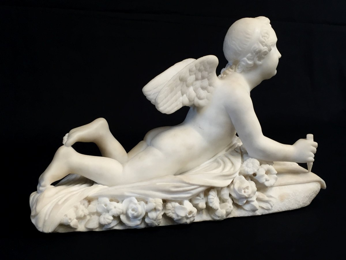 Sculpture En Marbre Blanc, Signée Pompeo Marchesi, Cupidon Qui écrit, 1840-photo-2