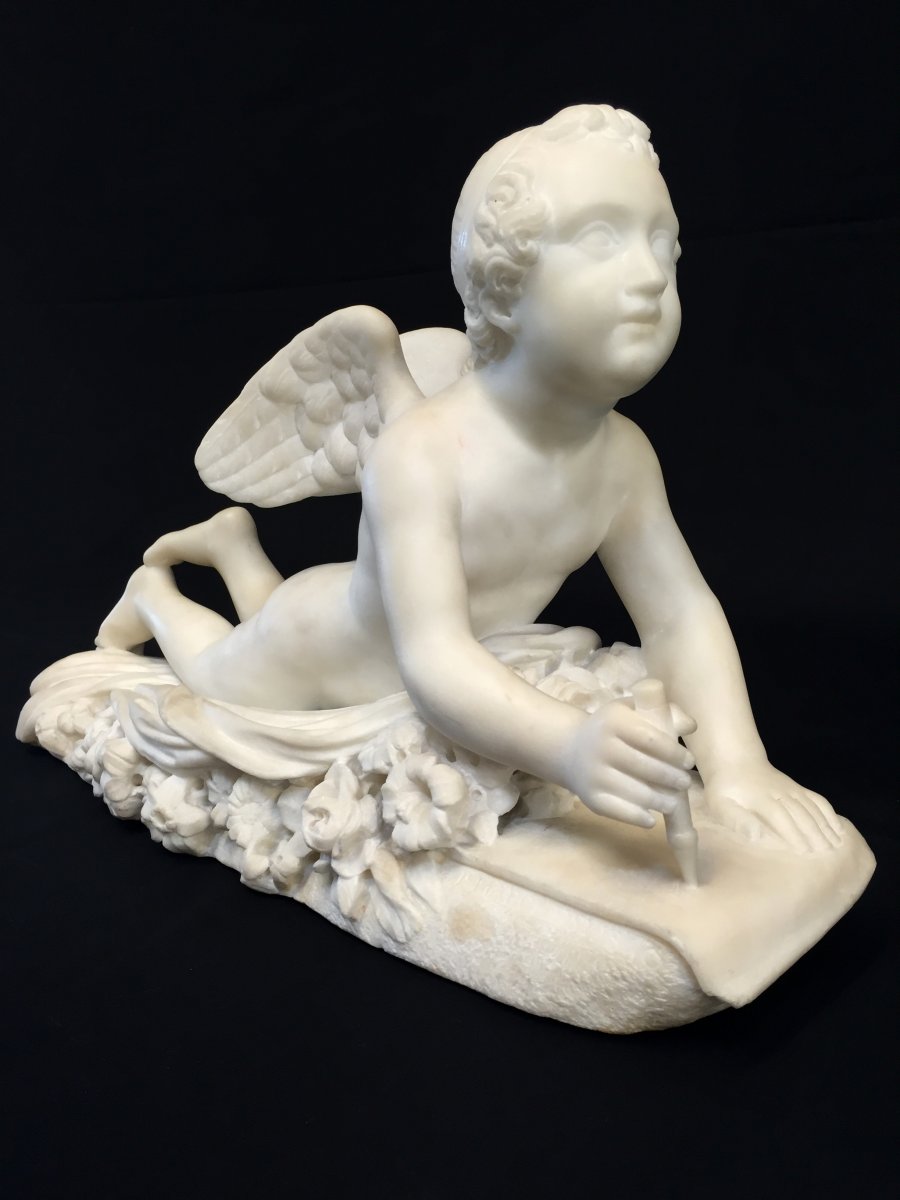 Sculpture En Marbre Blanc, Signée Pompeo Marchesi, Cupidon Qui écrit, 1840-photo-4