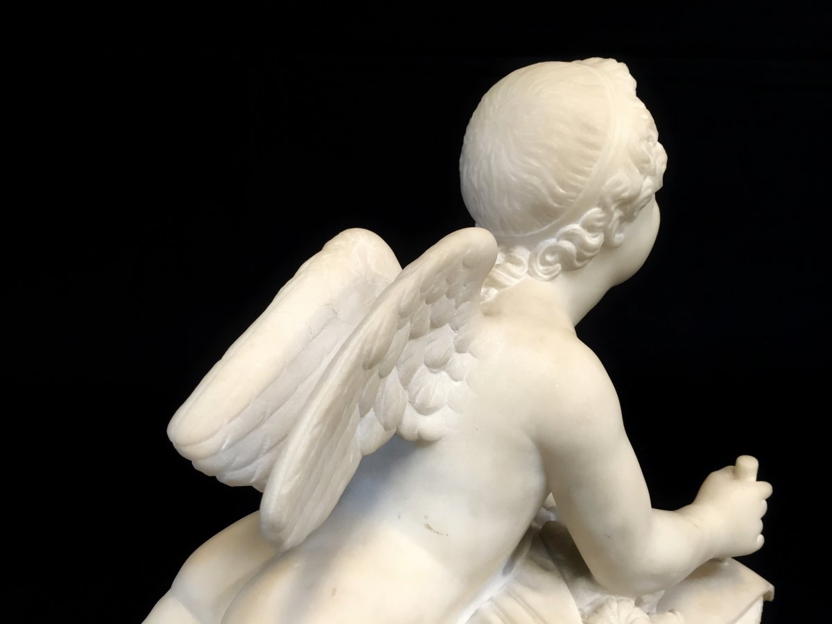 Sculpture En Marbre Blanc, Signée Pompeo Marchesi, Cupidon Qui écrit, 1840-photo-3