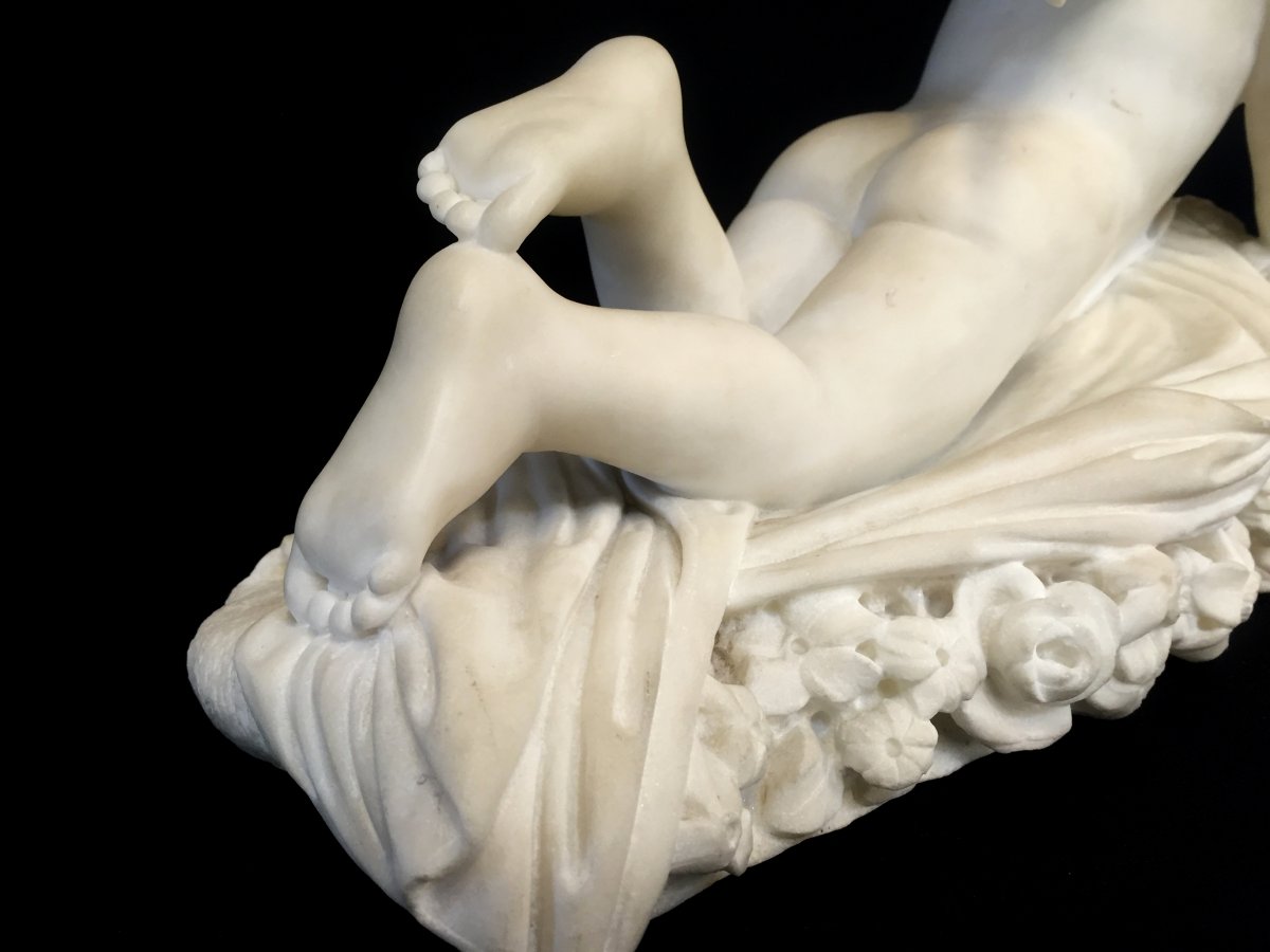 Sculpture En Marbre Blanc, Signée Pompeo Marchesi, Cupidon Qui écrit, 1840-photo-4