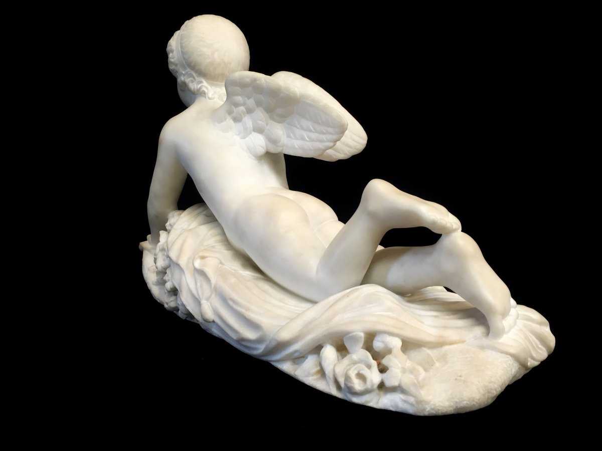 Sculpture En Marbre Blanc, Signée Pompeo Marchesi, Cupidon Qui écrit, 1840-photo-6