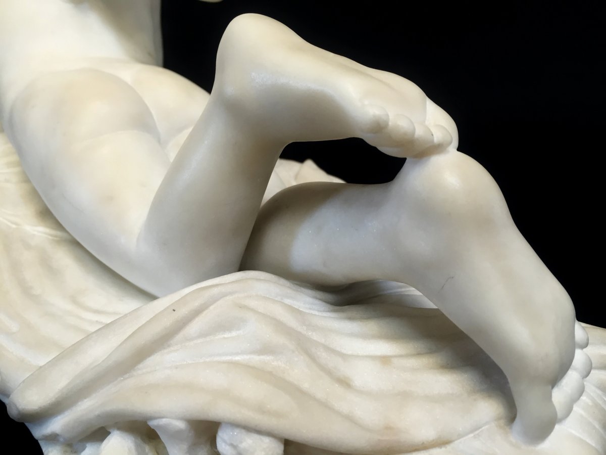 Sculpture En Marbre Blanc, Signée Pompeo Marchesi, Cupidon Qui écrit, 1840-photo-8