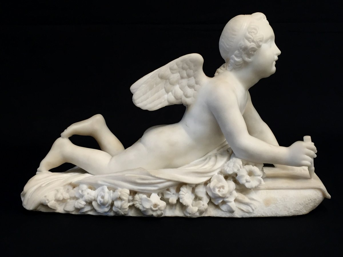 Sculpture En Marbre Blanc, Signée Pompeo Marchesi, Cupidon Qui écrit, 1840