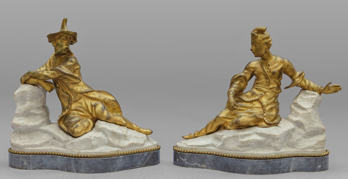 Couple De Sculptures En Bronze Doré Sur Base De Marbre Représentant des figures chinoises, France, XVIIIe Siècle -photo-2
