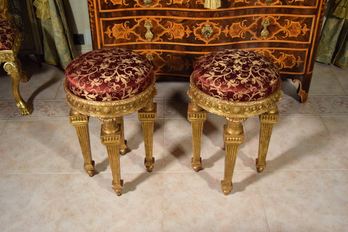 Couple De Tabourets Néoclassiques En Bois Sculpté Et Doré, Italie, XVIIIe Siècle-photo-3