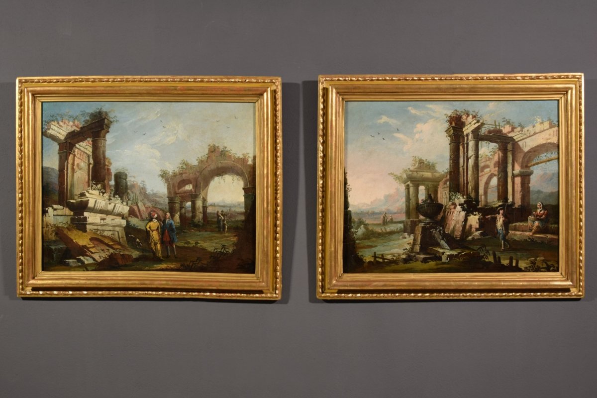 Gaetano Ottani, Coppia di dipinti raffiguranti Paesaggi con rovine e personaggi, Italia XVIII secolo-photo-2