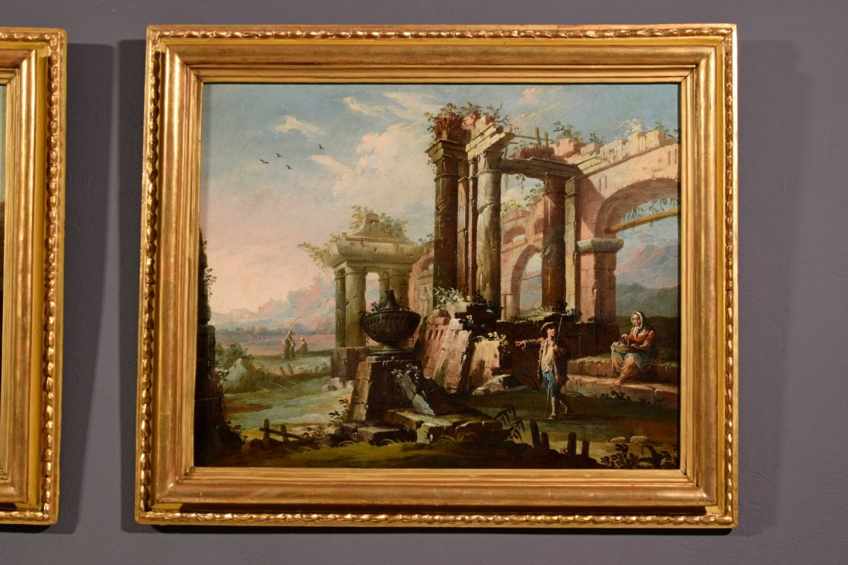 Gaetano Ottani, Coppia di dipinti raffiguranti Paesaggi con rovine e personaggi, Italia XVIII secolo-photo-1