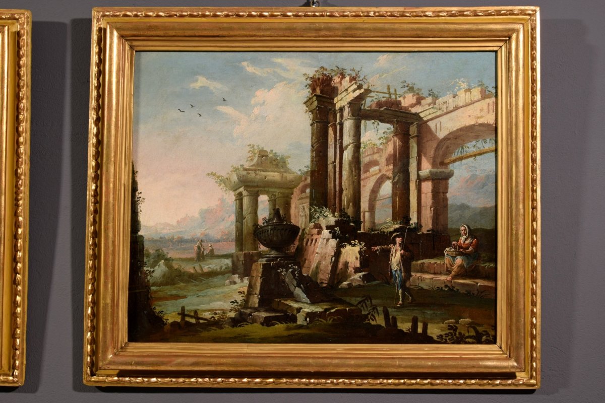 Gaetano Ottani, Coppia di dipinti raffiguranti Paesaggi con rovine e personaggi, Italia XVIII secolo-photo-3