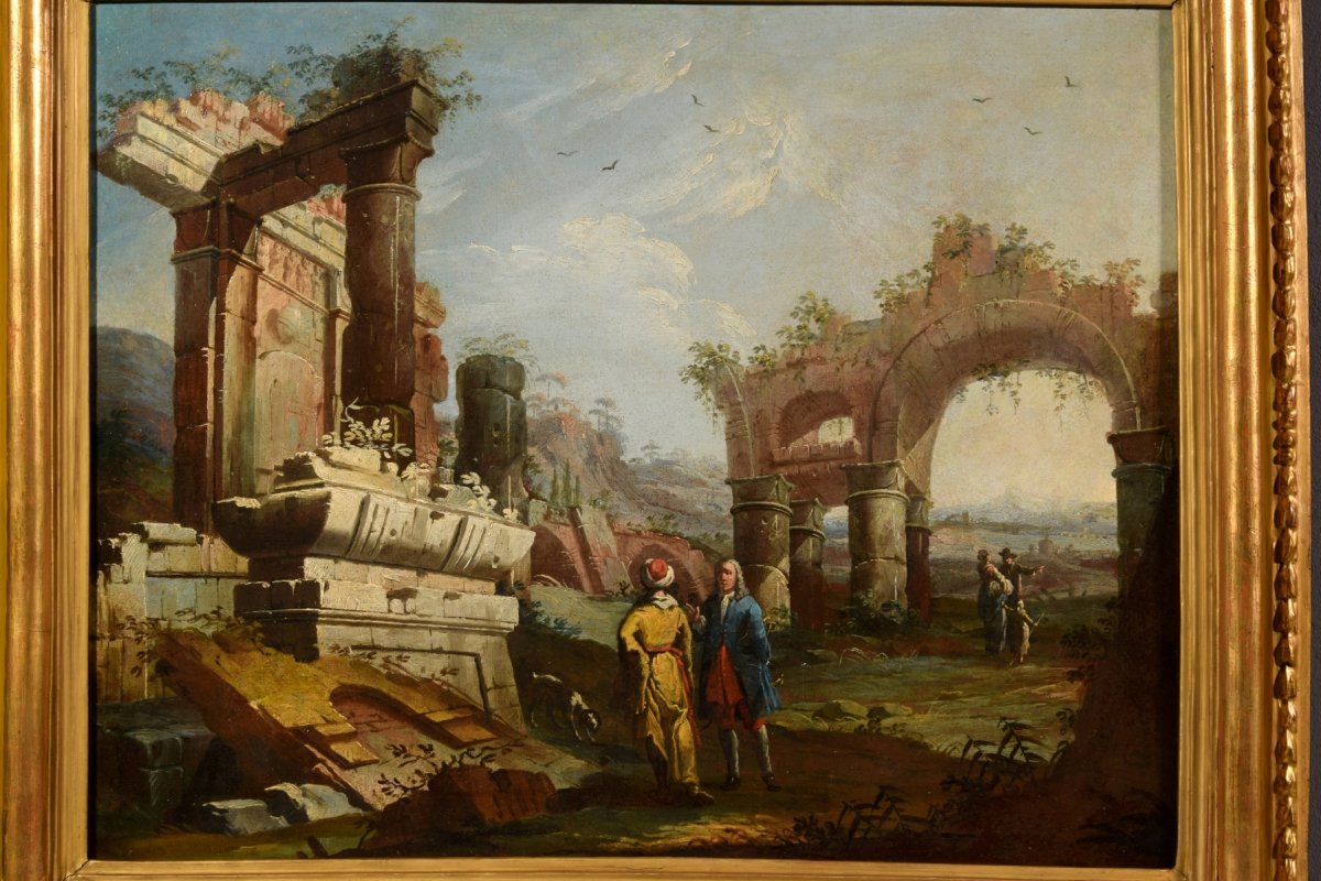 Gaetano Ottani, Coppia di dipinti raffiguranti Paesaggi con rovine e personaggi, Italia XVIII secolo-photo-4