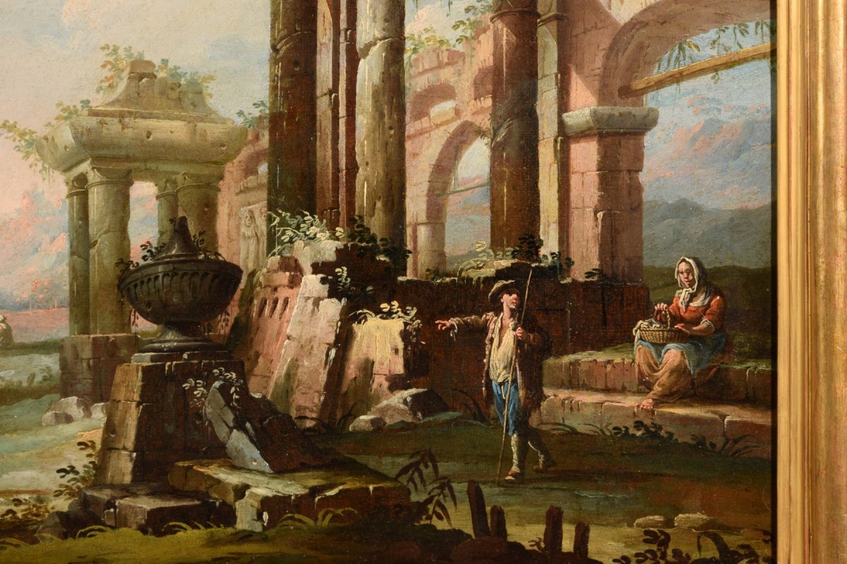 Gaetano Ottani, Coppia di dipinti raffiguranti Paesaggi con rovine e personaggi, Italia XVIII secolo-photo-6