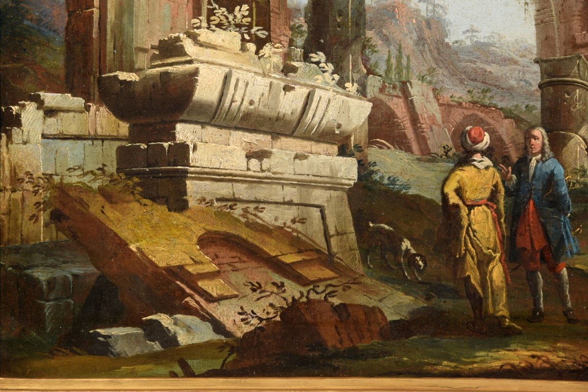 Gaetano Ottani, Coppia di dipinti raffiguranti Paesaggi con rovine e personaggi, Italia XVIII secolo-photo-8