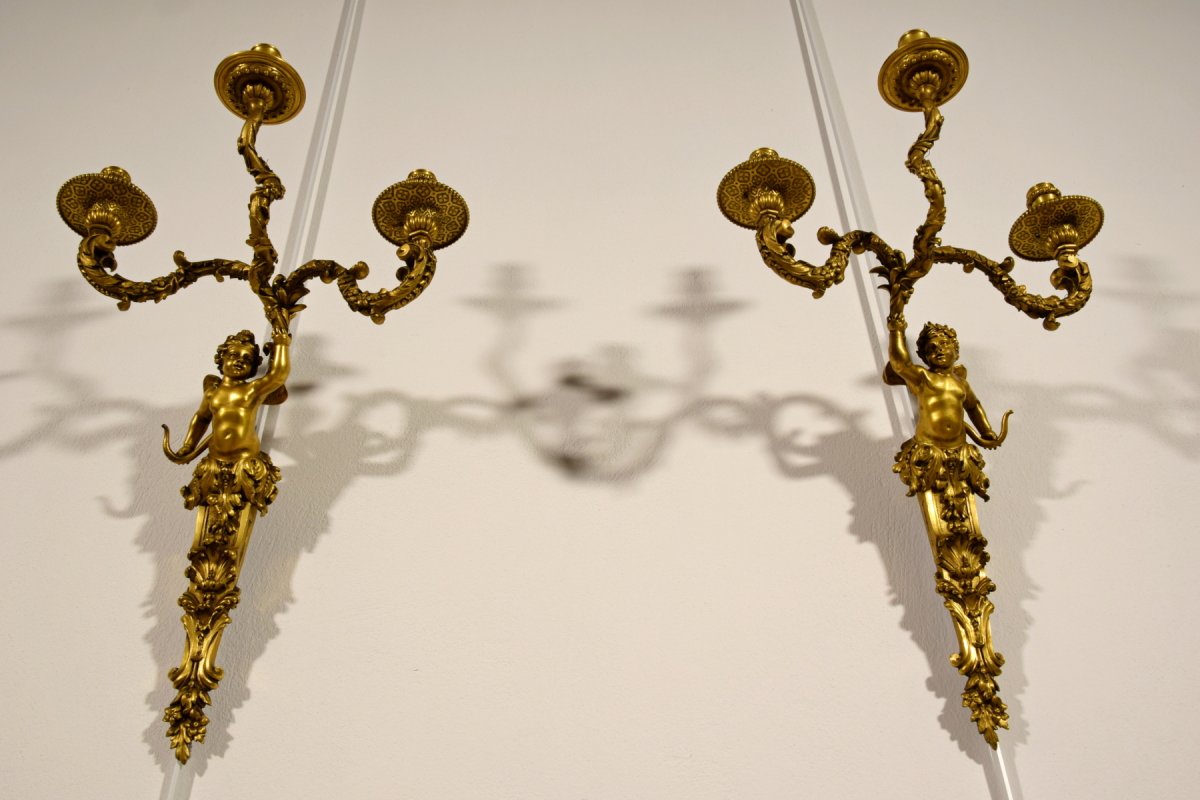 Paire De Appliques à Trois Lumières En Bronze Doré, France XIXe Siècle, Style Louis XV-photo-2