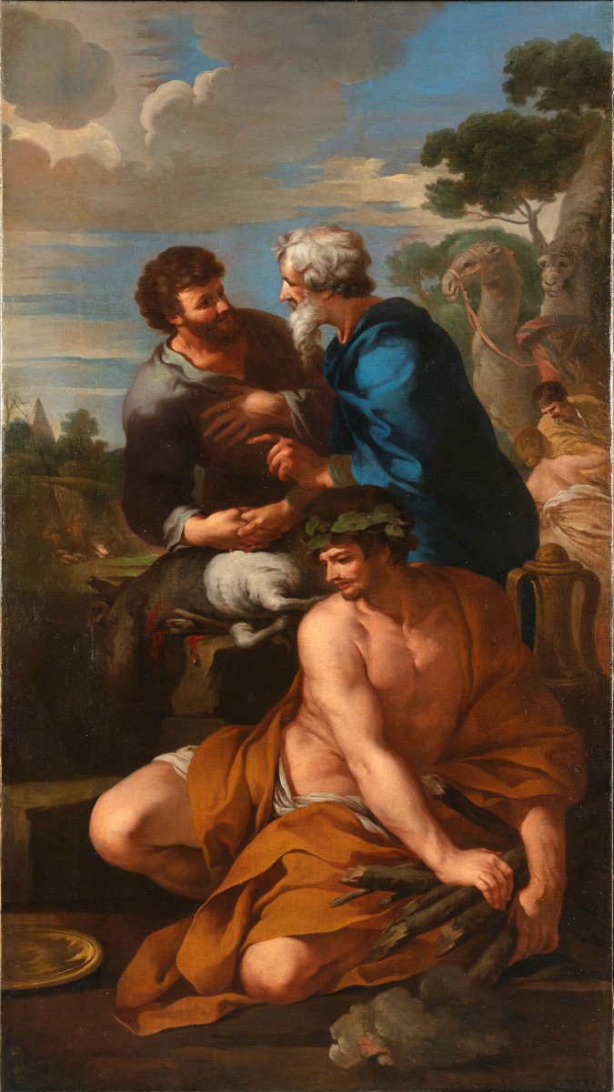 Alleanza di Giacobbe e Labano, seguace di Pietro da Cortona (1596-1669), olio su tela-photo-2